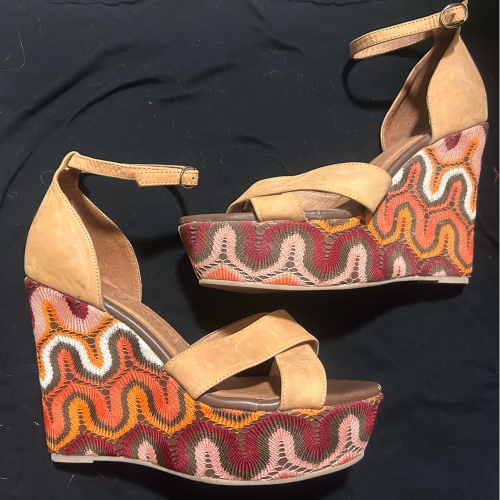 Jeffrey Campbell suede boho platform wedges with groovy 70’s woven overlay